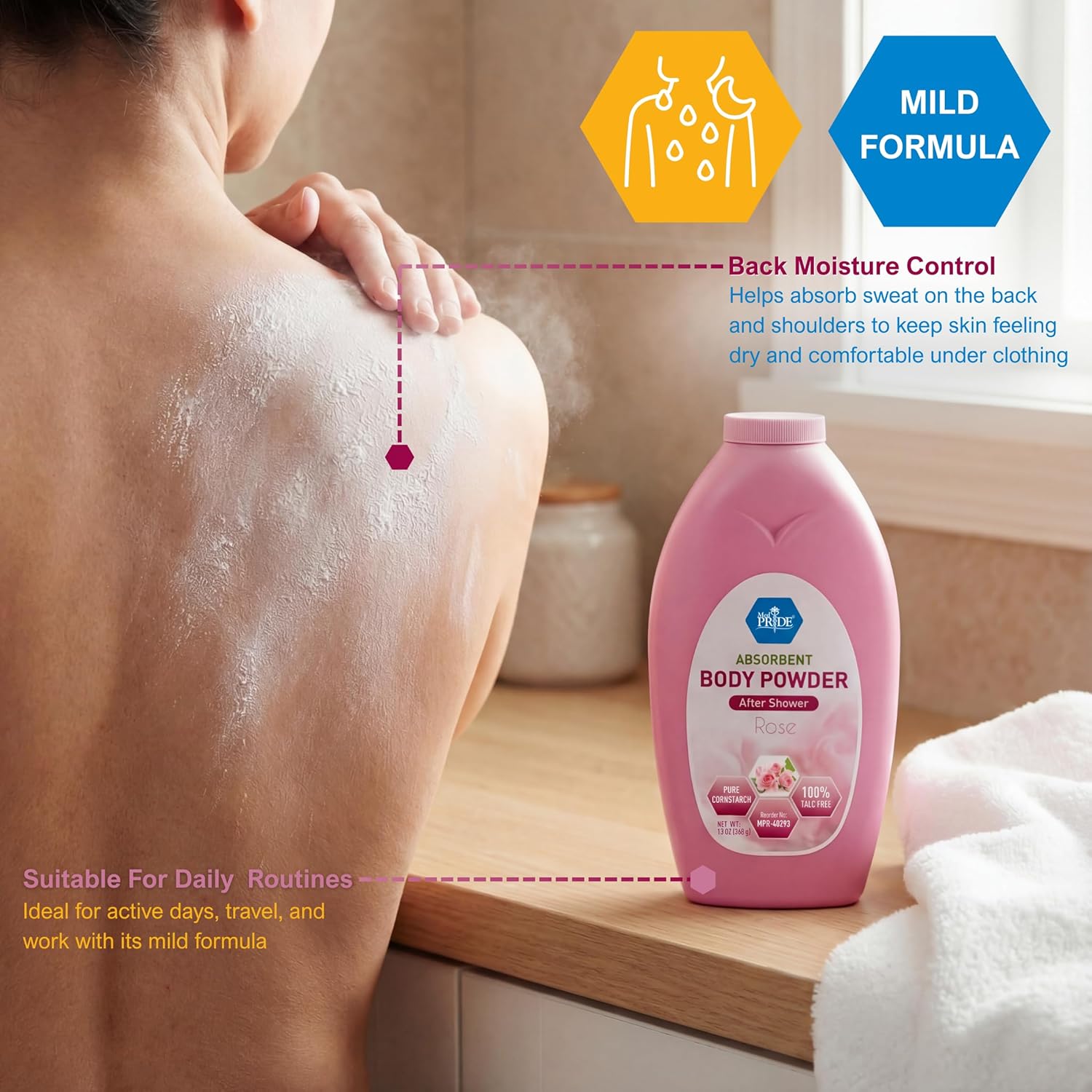 MED PRIDE Talc Free Cornstarch Body Powder with Rose Scent, Moisture Absorbing Skin Care for Daily Freshness, Cruelty Free Formula, 13 Ounce Bottle - Image 2