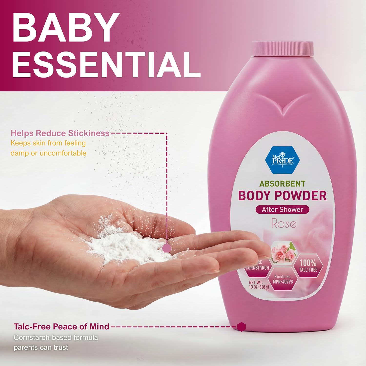 MED PRIDE Talc Free Cornstarch Body Powder with Rose Scent, Moisture Absorbing Skin Care for Daily Freshness, Cruelty Free Formula, 13 Ounce Bottle - Image 7