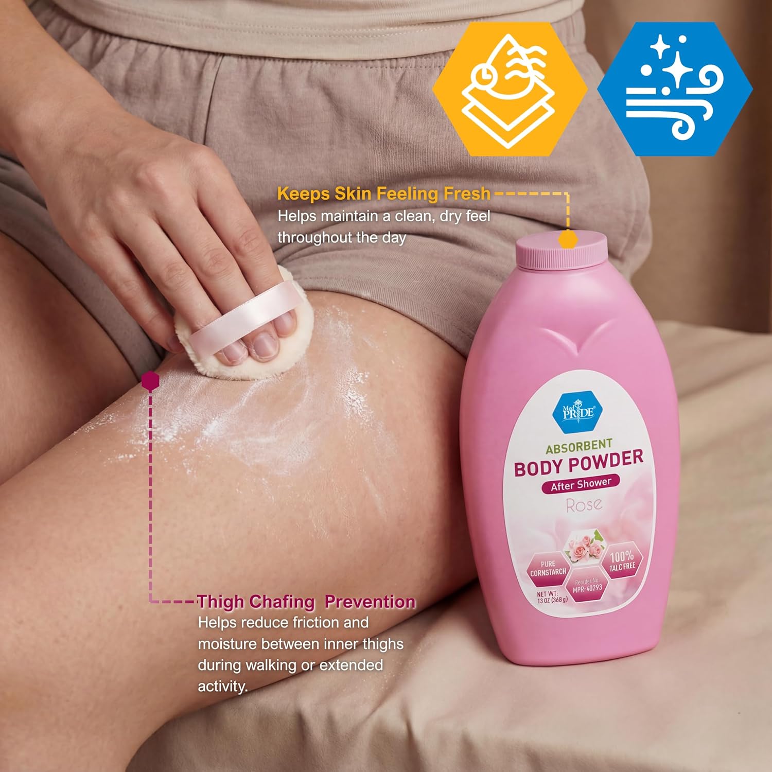 MED PRIDE Talc Free Cornstarch Body Powder with Rose Scent, Moisture Absorbing Skin Care for Daily Freshness, Cruelty Free Formula, 13 Ounce Bottle - Image 6