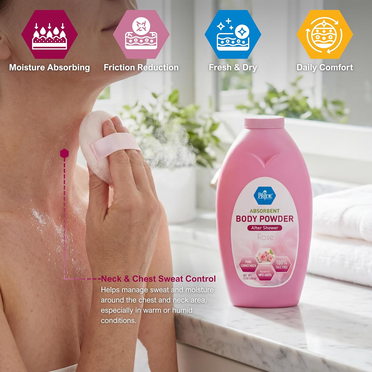 MED PRIDE Talc Free Cornstarch Body Powder with Rose Scent, Moisture Absorbing Skin Care for Daily Freshness, Cruelty Free Formula, 13 Ounce Bottle - Image 5