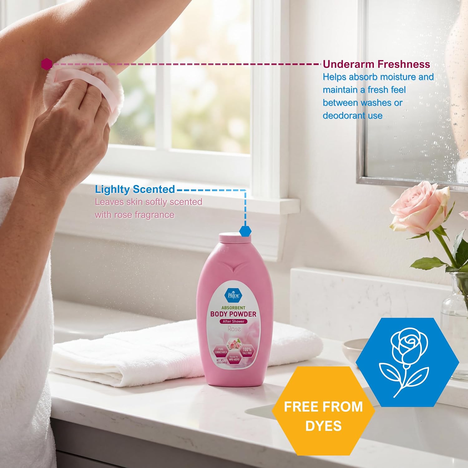 MED PRIDE Talc Free Cornstarch Body Powder with Rose Scent, Moisture Absorbing Skin Care for Daily Freshness, Cruelty Free Formula, 13 Ounce Bottle - Image 4